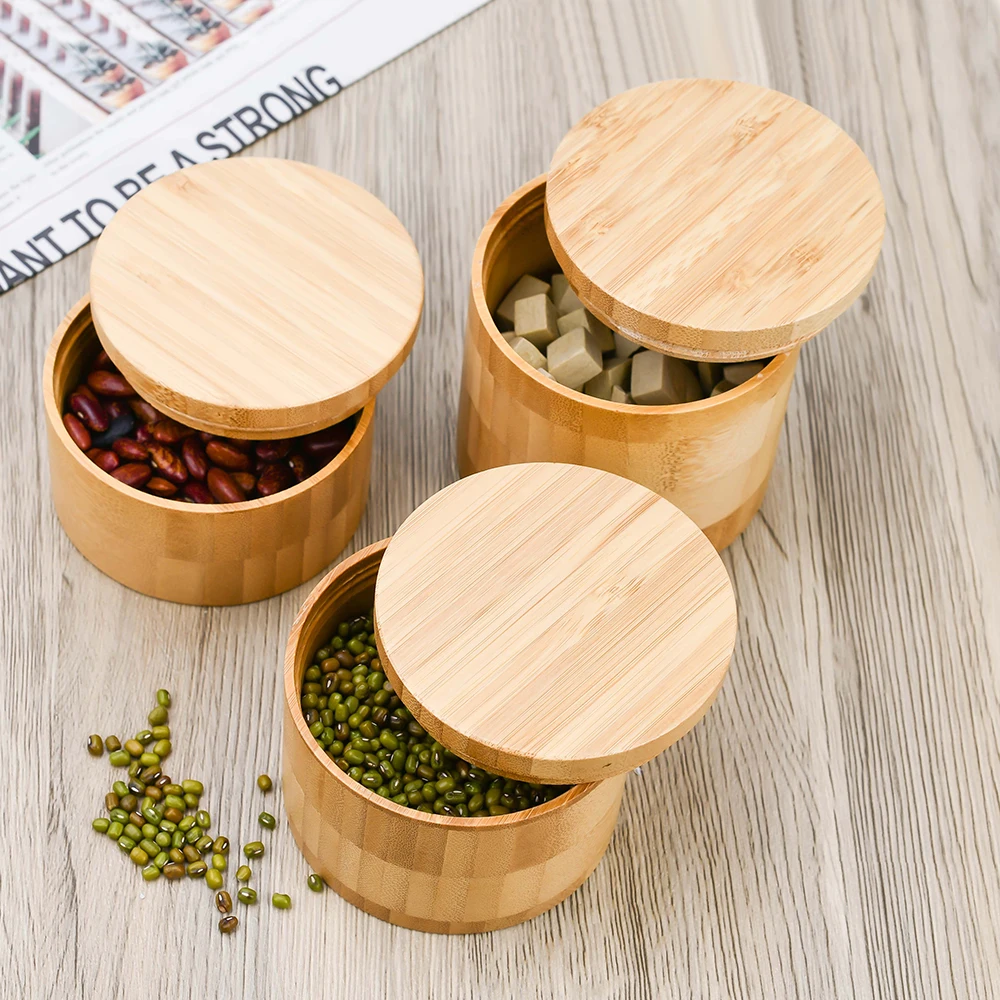 Custom Logo 125G 155G 180G 250G Bamboo Storage Container Full Bamboo Tea Spices Storage Bamboo Salt Box With Wooden Spoon