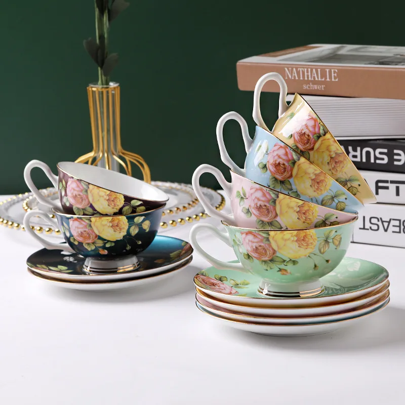 Wholesale Luxury Elegant 220ml Unique Style Customize Pattern Bone China Ceramic Coffee Cup And Saucers For Party Office