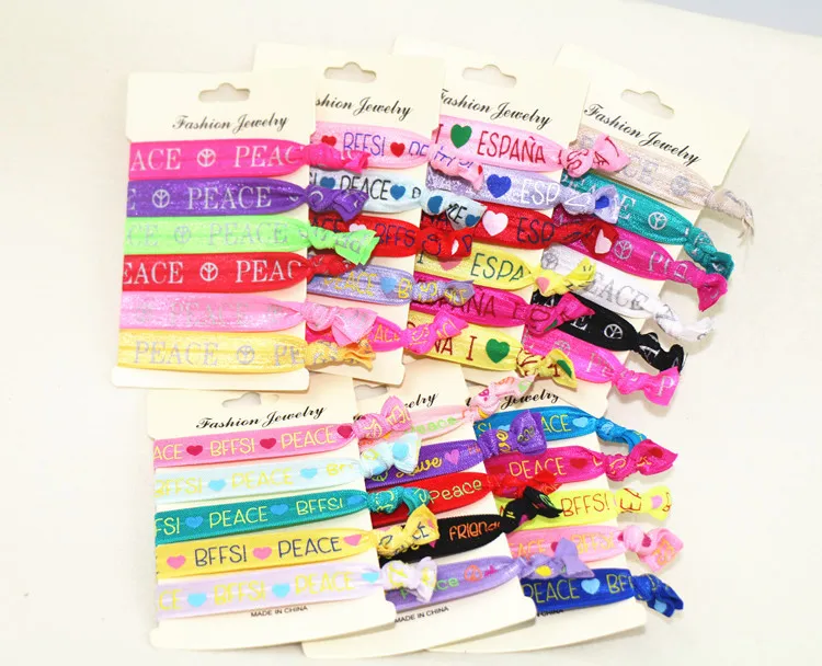 Letter Printed Hair Ties Ribbon Fold Over Elastic No Crease Word Ponytail Holder