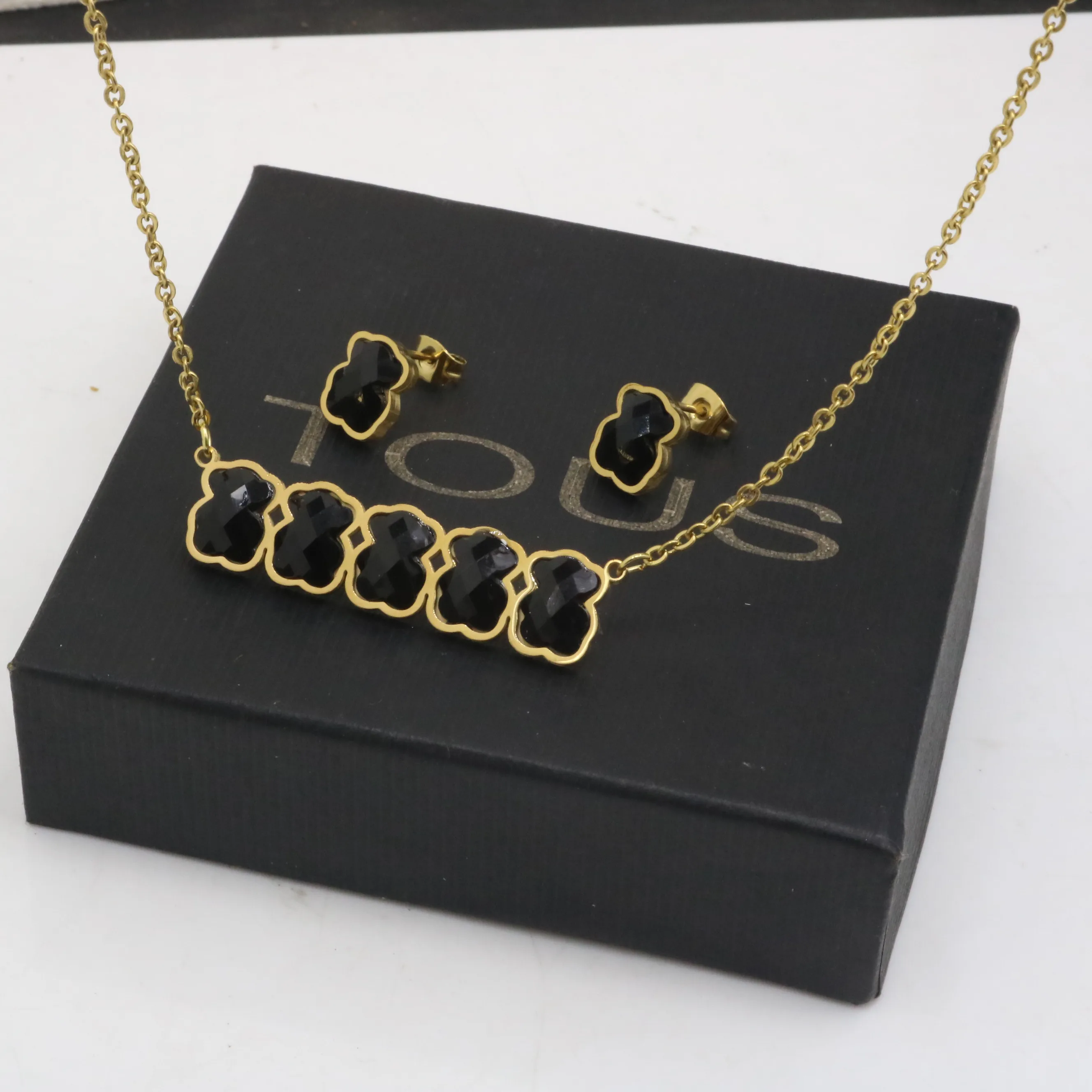 AFXSION South American Hot Jewelry Bear Necklace and Earrings with Black Crystal 18K Gold Jewelry Set