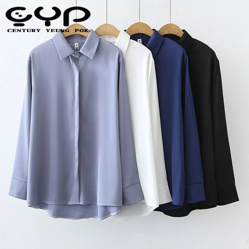 Fashion Button Up Satin Silk Shirt Vintage Blouse Women White Lady Long Sleeves Female Loose Street Shirts