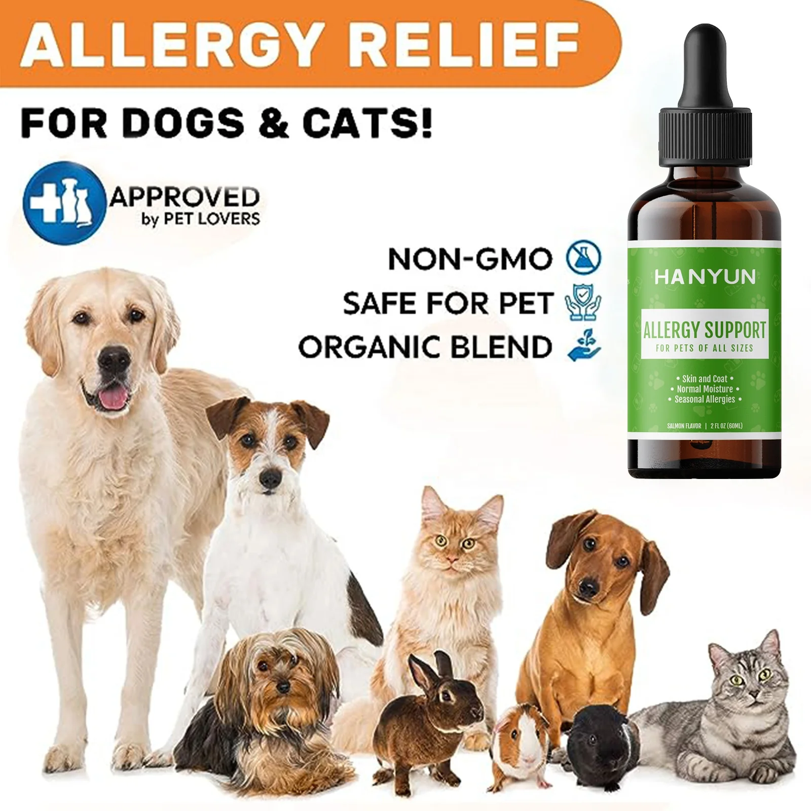 Hanyun Allergy Immune Drops Anti Itch & Hot Spots Natural Pet Supplement for Cat & Dog with Turmeric & Milk Thistle