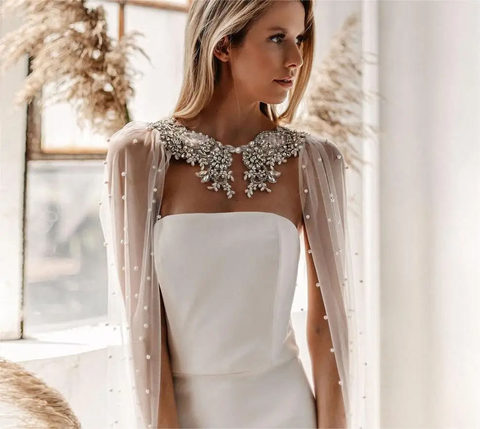 Latest Design Bridal Cape Cathedral Wedding Accessories Veil Long Bolero Rhinestone Pearl Handmade Bridal Shawl