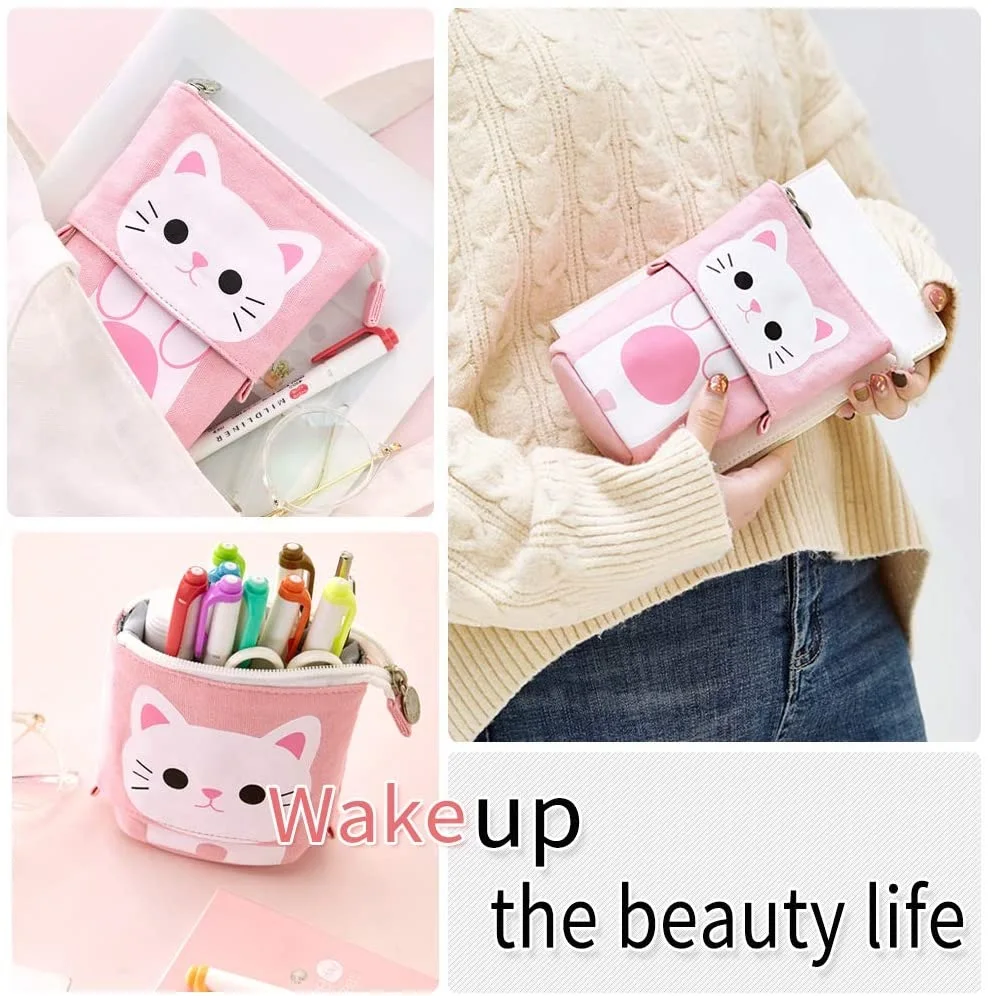 Korean Large Capacity Cute Stand Up Canvas Pencil Pouch holder,Custom Pop Up Telescopic  Pencil Case Bag Stationary For Girls
