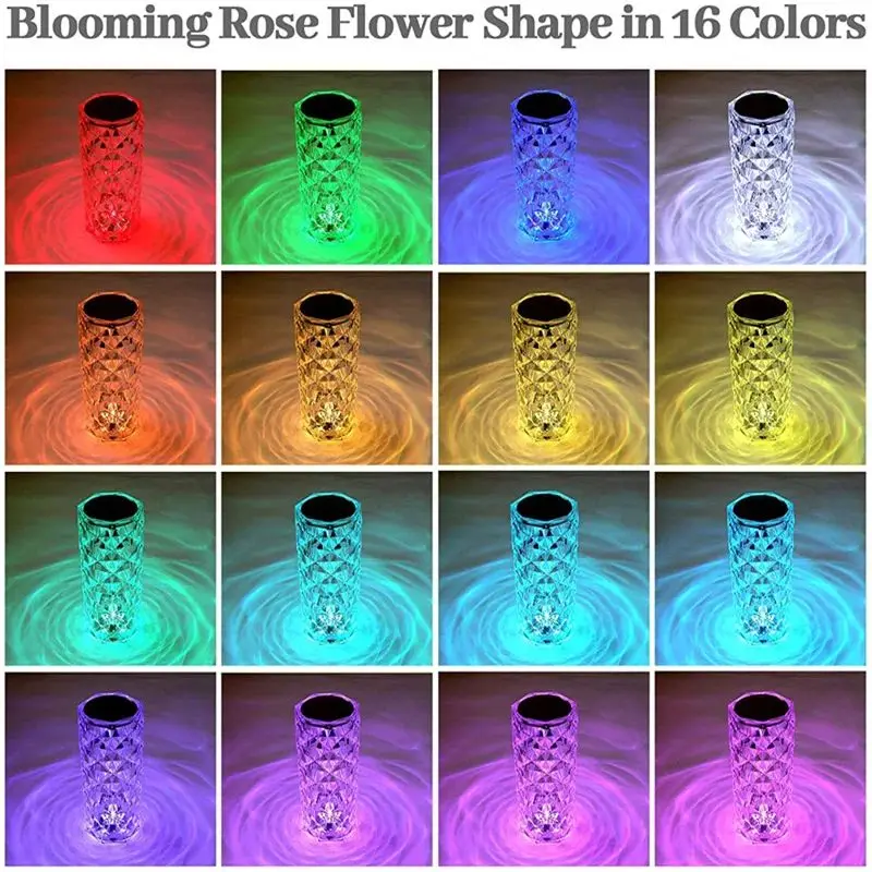 LED Crystal Table Lamp Rose Light Projector 16 Colors Touch Night Light Romantic Atmosphere Light USB Home Bar Decor