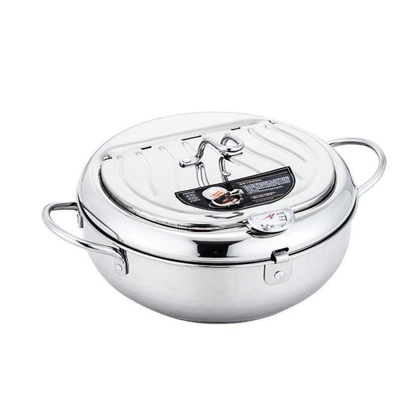 Drop shipping Japanese Tempura Fryer pot Home use Deep Oil Strainer Pot With Oil Filter&Thermometer Stainless Steel Frying Pan