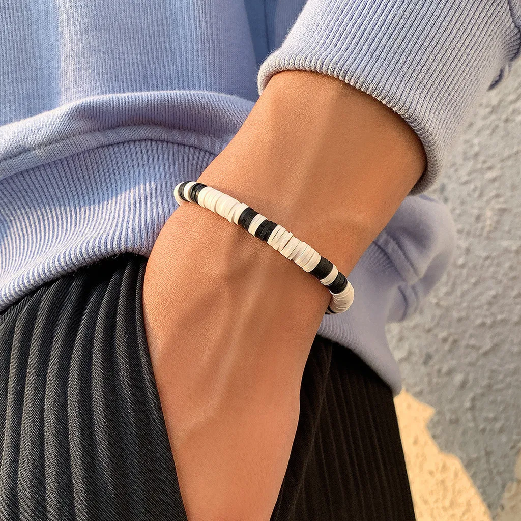Bohemian Style Minimalist Black White Splicing Soft Ceramic Geometric Bracelets for Men Soft Pottery Jewelry