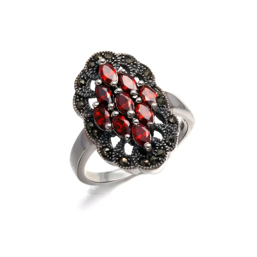 Marcasite Ruby Rings Designed Sterling Silver New Poly Bag CLASSIC Zircon Antique Silver Geometric Silver Fashion Jewelry 6.8 G