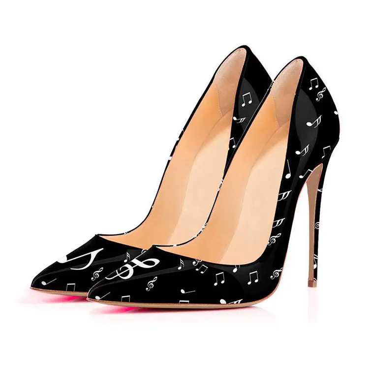 Fashion elegant pointy toe musical note printing ladies pumps slip on super high heel dress shoes for women