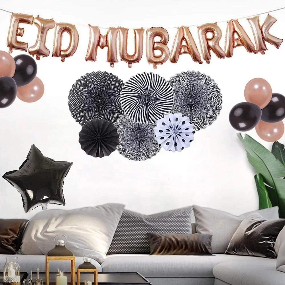 Umiss Muslim Balloon Eid Mubarak Decoration Aluminum Foil Paper Fan Rose Gold Balloon Set Eid Mubarak Decorations Supplies