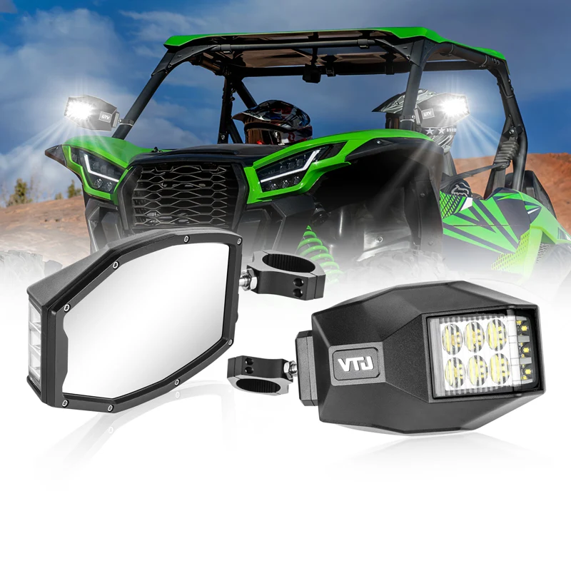 UTV Rear View Side Mirrors Kit With Led Aluminum Housing Fits For 1.5 1.75 2.0 Inch Clamp Mount