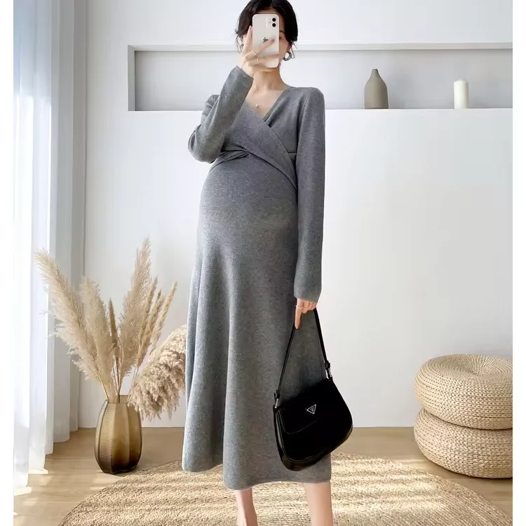 2024 модное платье средней длины для беременных женщин на осень