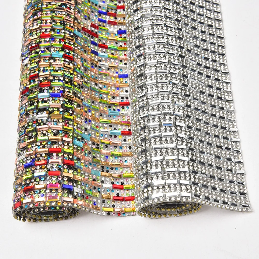 Colorful Crystal 3*7mm Rectangle Round Diamond Mesh Hot Fix Strass Applique Rhinestone Sheet Trims for Clothes Cars Beauty Decor