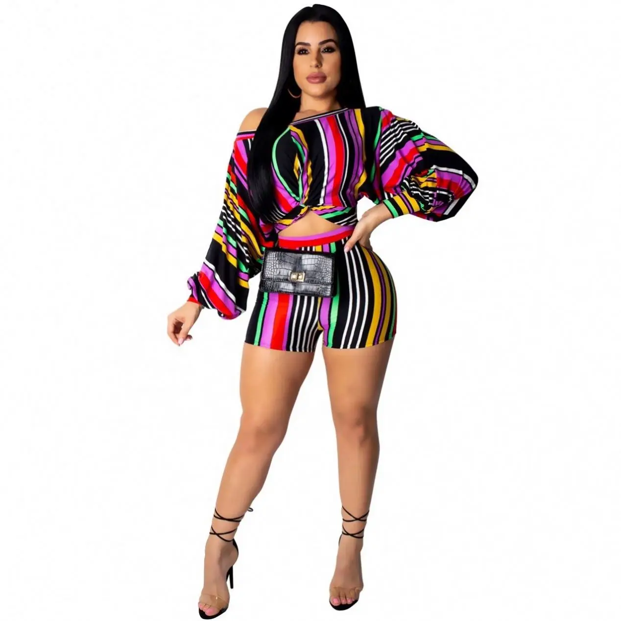 Wholesale Bohemian Puff Sleeve Casual Fashion Stripe Long Sleeve Multicolor Straight Nightclub Party Two Piece Short Set