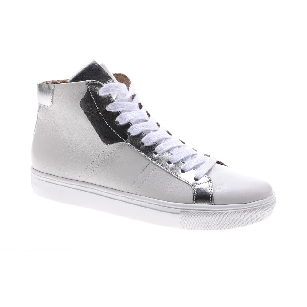 Fashion Metallic White High Top Genuine Leather Chaussures Pour Femmes Casual Flat Shoes