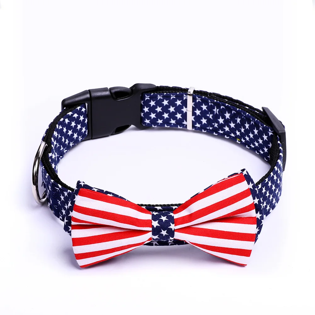 Heavy Duty Clip Buckle Pet Collar, National Flag Style Detachable Adjustable Bow Tie Dog Collar with America Flag printing