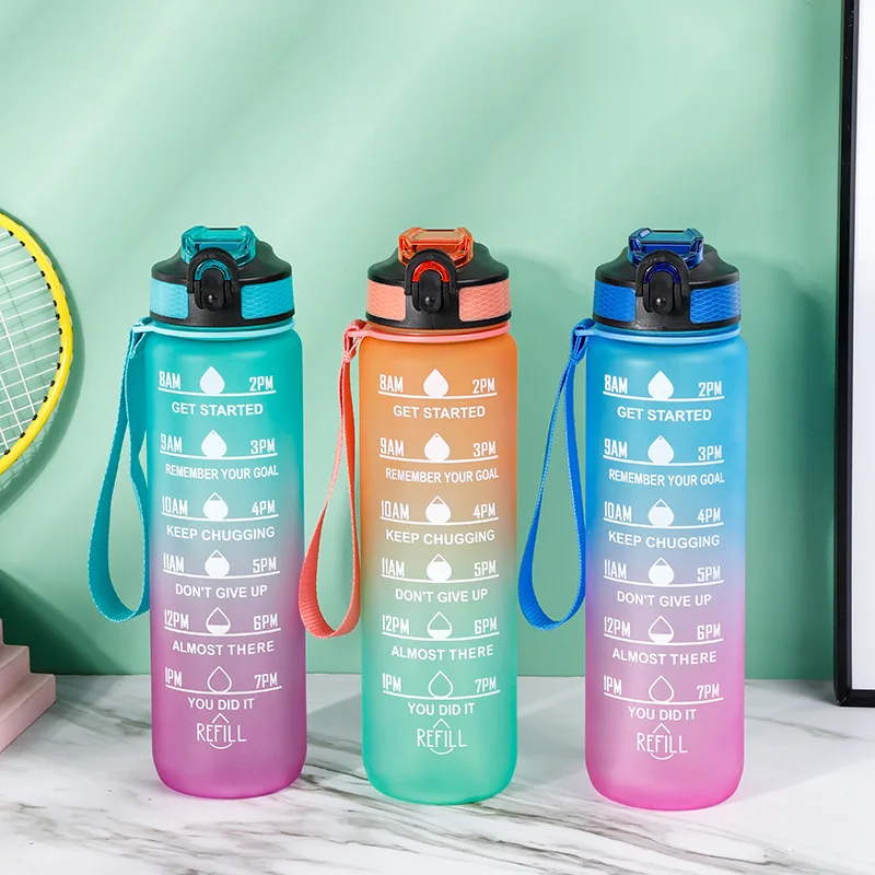 32oz  1000ML Leakproof Outdoor Sports Water Jug with Time Marker Large Plastic Motivational time marker Water Bottle with straw