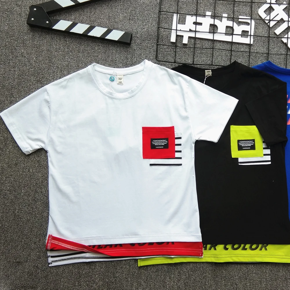 
Cheap Wholesale Children Blank Pocket Style Boy Shirt Kids Short Sleeve Casual Tshirt 