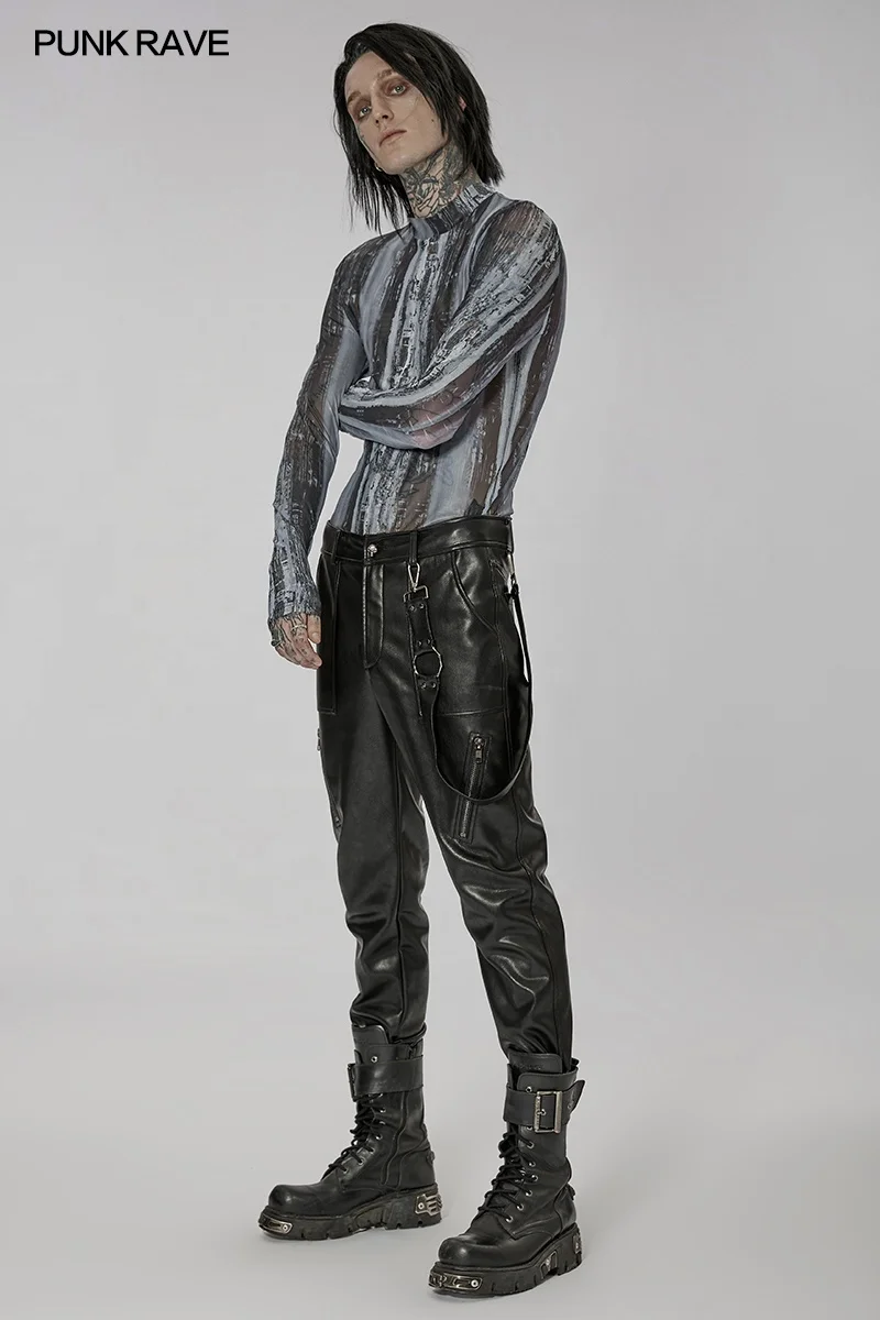 PUNK RAVE WT-751TCM Men Tight Fit Long Sleeves T-shirt  Elastic Gauze Abstract Printing Translucent O Neck Sexy Man Basic Top