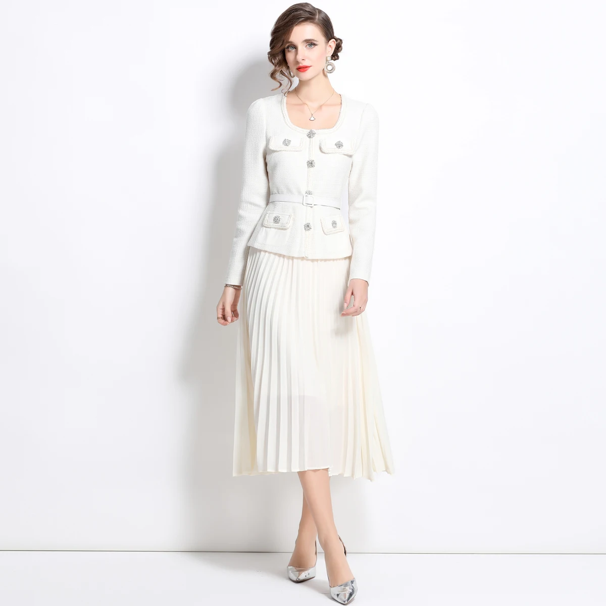 Droma in stock high end fashion slimming patchwork swing pleated dresses women casual elegant long white dress