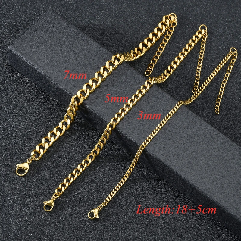 Minimalist 18K Gold Plated IP Plating  Link Chain Bracelet  Stainless Steel 3mm 5mm 7mm Cuban Chain Bracelets For Women