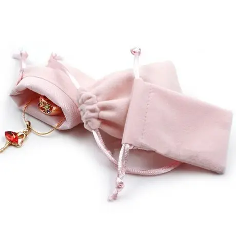 9*7cm Pink Velvet Fabric Jewelry Pouches Small Drawstring Storage Packing Bag With Custom Logo Printed