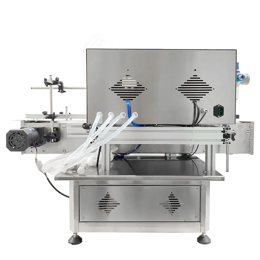 Fully Automatic 4 Heads Small Scale Glass Bottle Vial Beverage Juice Perfume Essential Oil Liquid Filling Machine With Conveyor