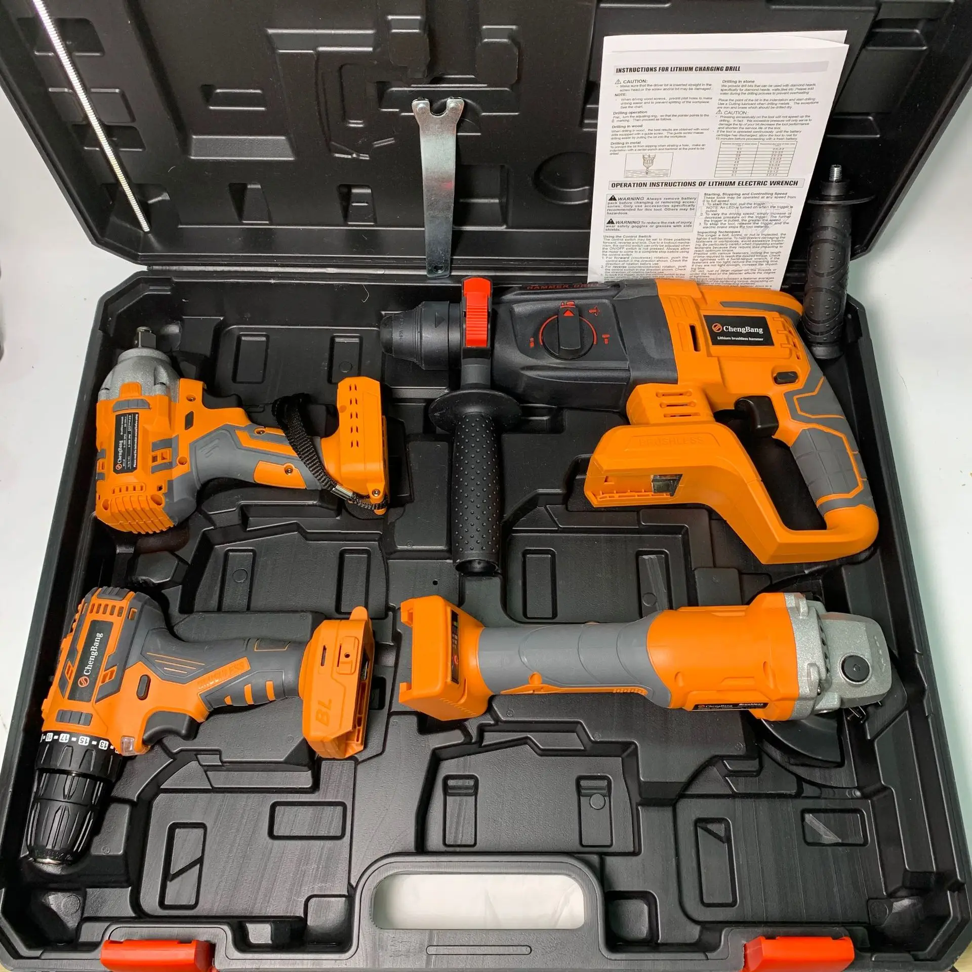 SAFENDER  4pcs Power Tools Portable Lithium Electric Hammer Drill Brushless Angle Grinder Cordless