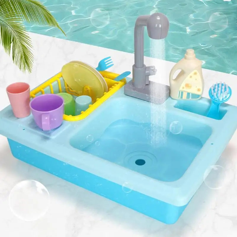 
Wholesale Amazon hot Sale Toy Kitchen Sink Play Set with Running Water Kitchen Utensils Dishwasher Pretend Play Toys Set 
