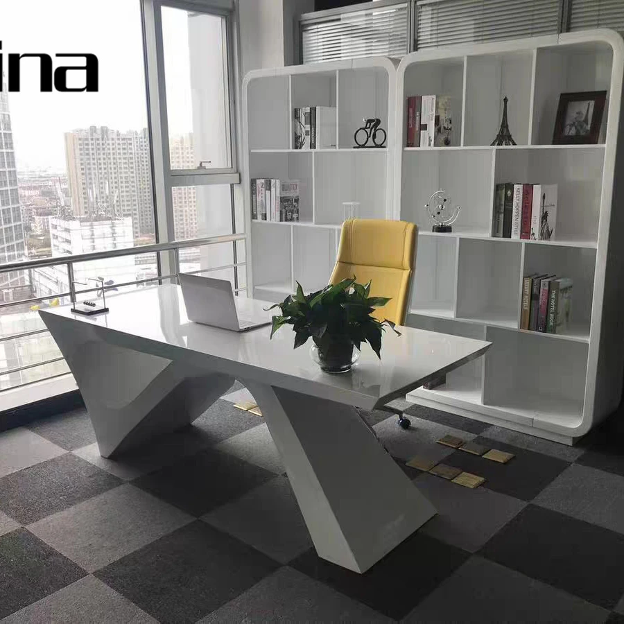 Acrylic glossy white 2 persons workstations computer standing MDF office reception desk for sale