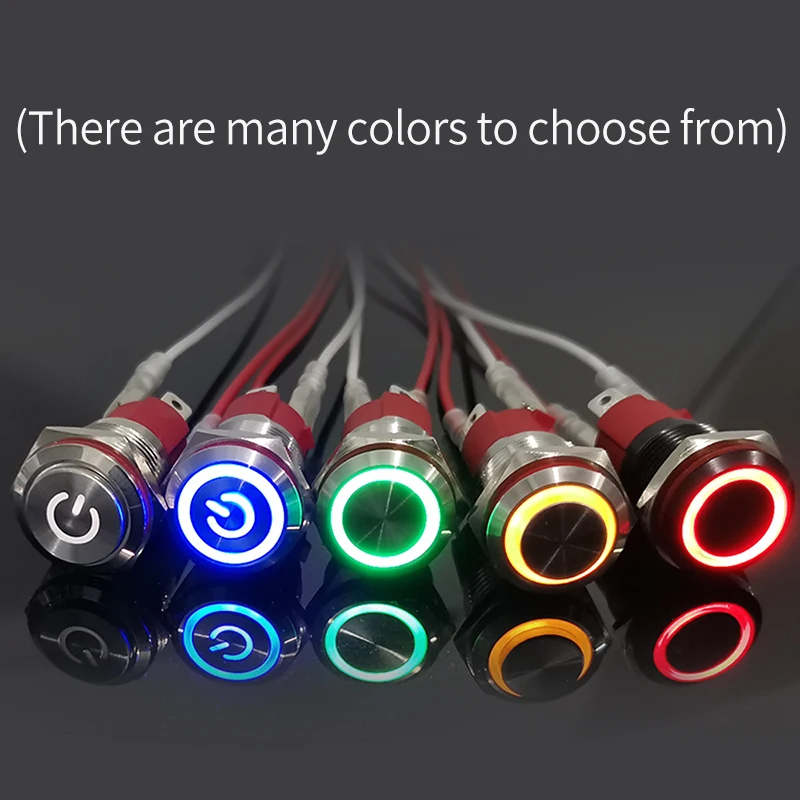 Push Button Switch Momentary Led Push Button Switch with Connector LED Ring Light-emitting Power Symbol Waterproof Metal 16 Mm