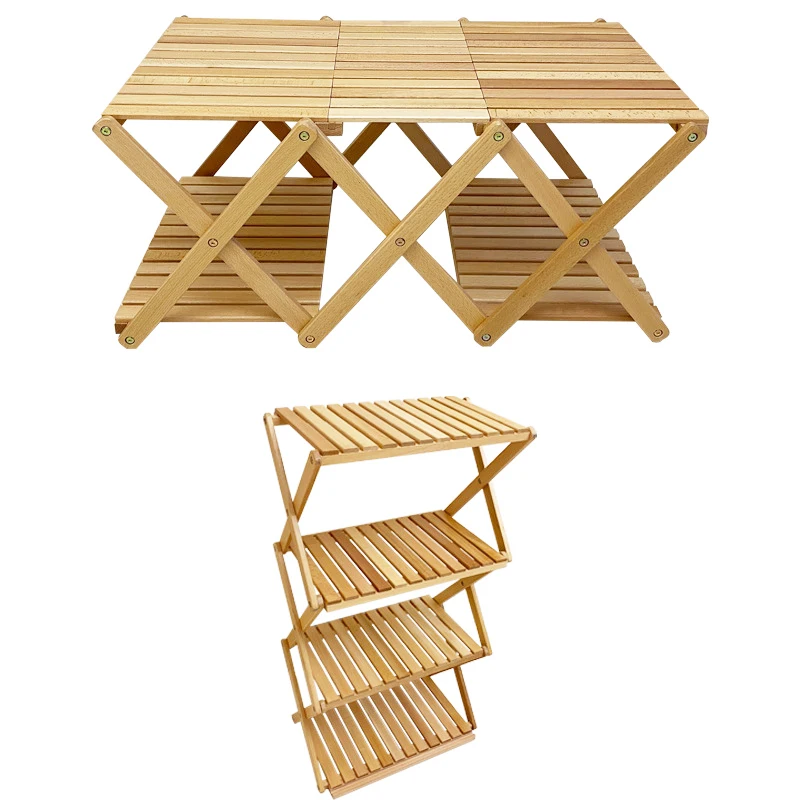 Outdoor indoor 4 floors lightweight foldable wooden shelf table for camping folding