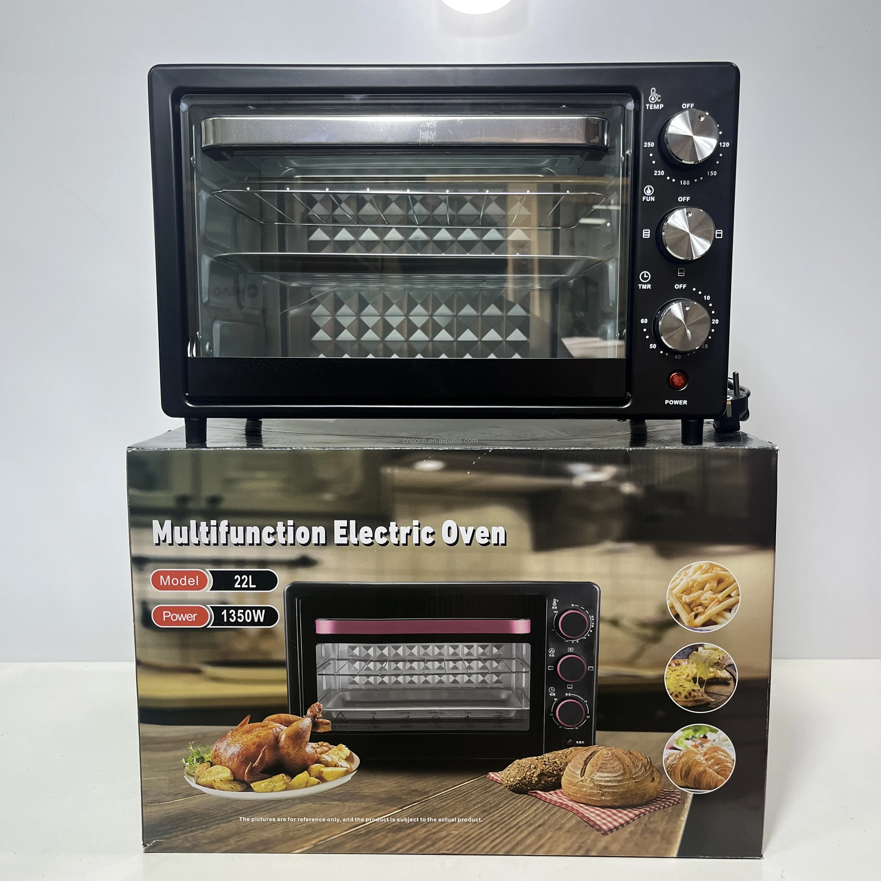 22L Electric Multifunctional Toaster Oven for Household Use Knob Controlled With Air Fryer Grill Convection Functions RV US Plug