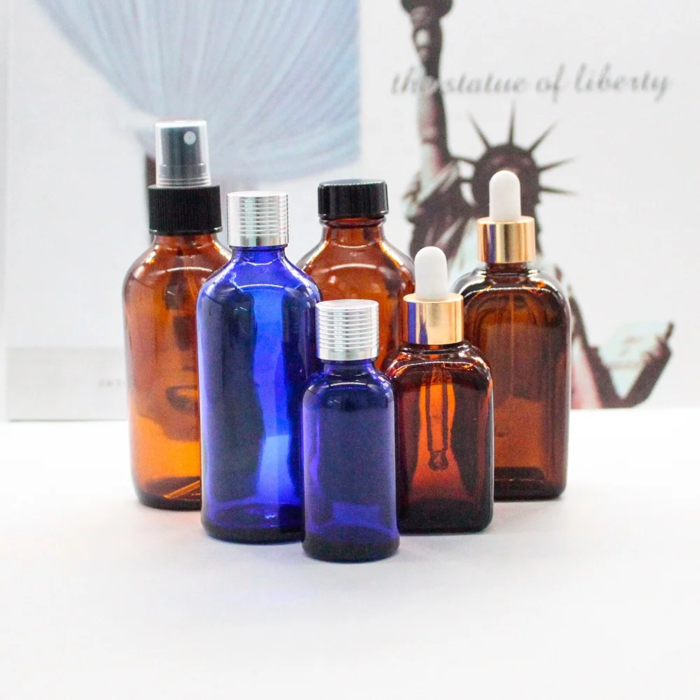 FENGJUN customizable amber square essential oil bottle glass cosmetic bottles with rubber top gold collar dropper for cosmetic