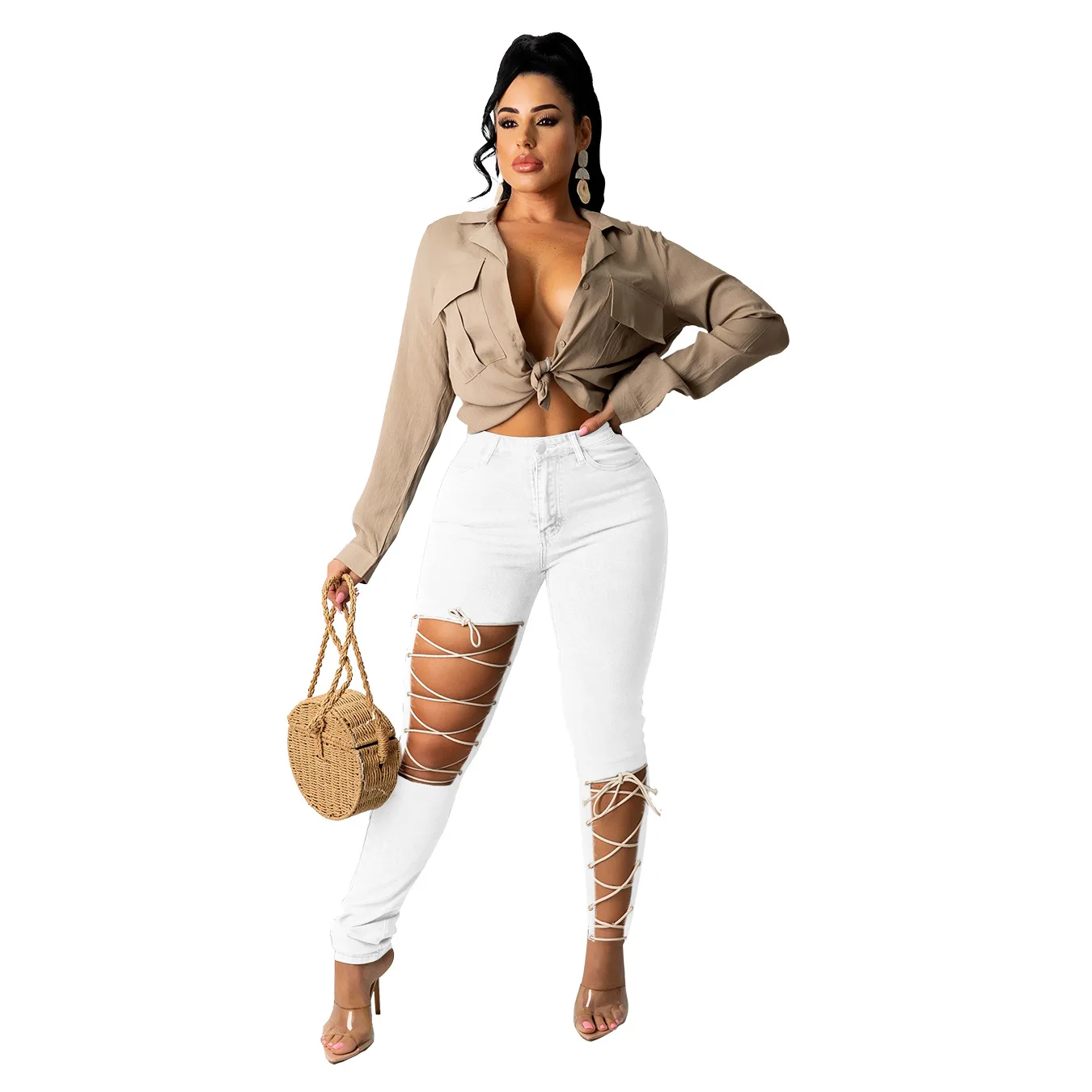 New Style Autumn Fashion Solid Color Broken Hole Bandage Sexy Trousers Jeans For Women Stylish