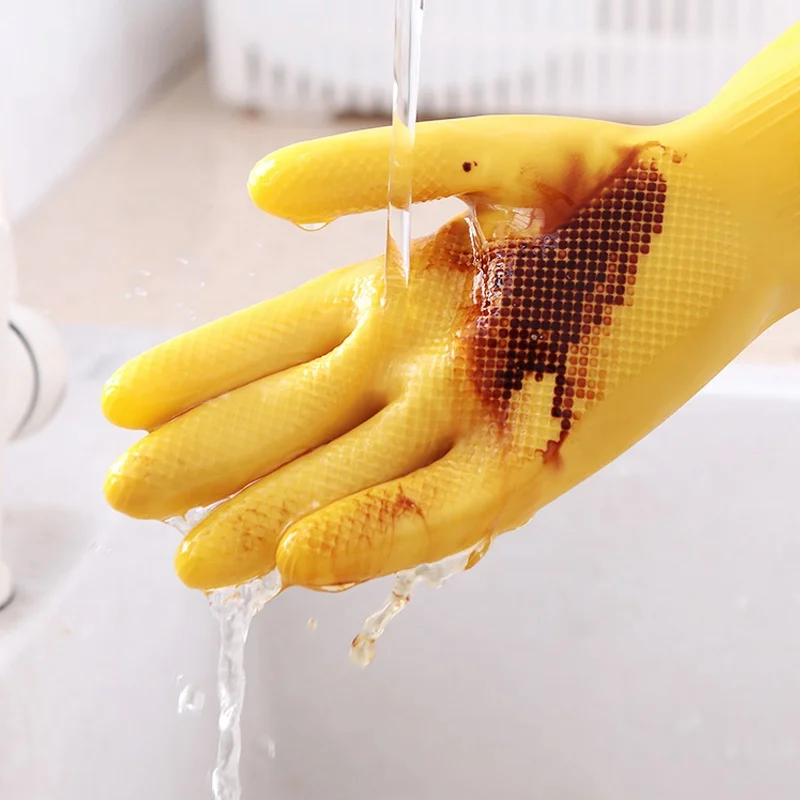 Custom Red Latex Household Glove Warm Flock Electrostatic Flock Liner Winter Cleaning Gloves Grip Roll  Cuff