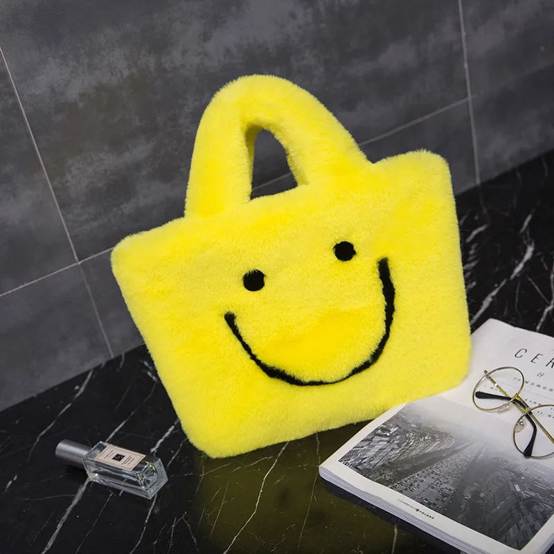 
Hot Selling New Style smile face Women Colorful Furry Smile Face furry designer fur hand bag 
