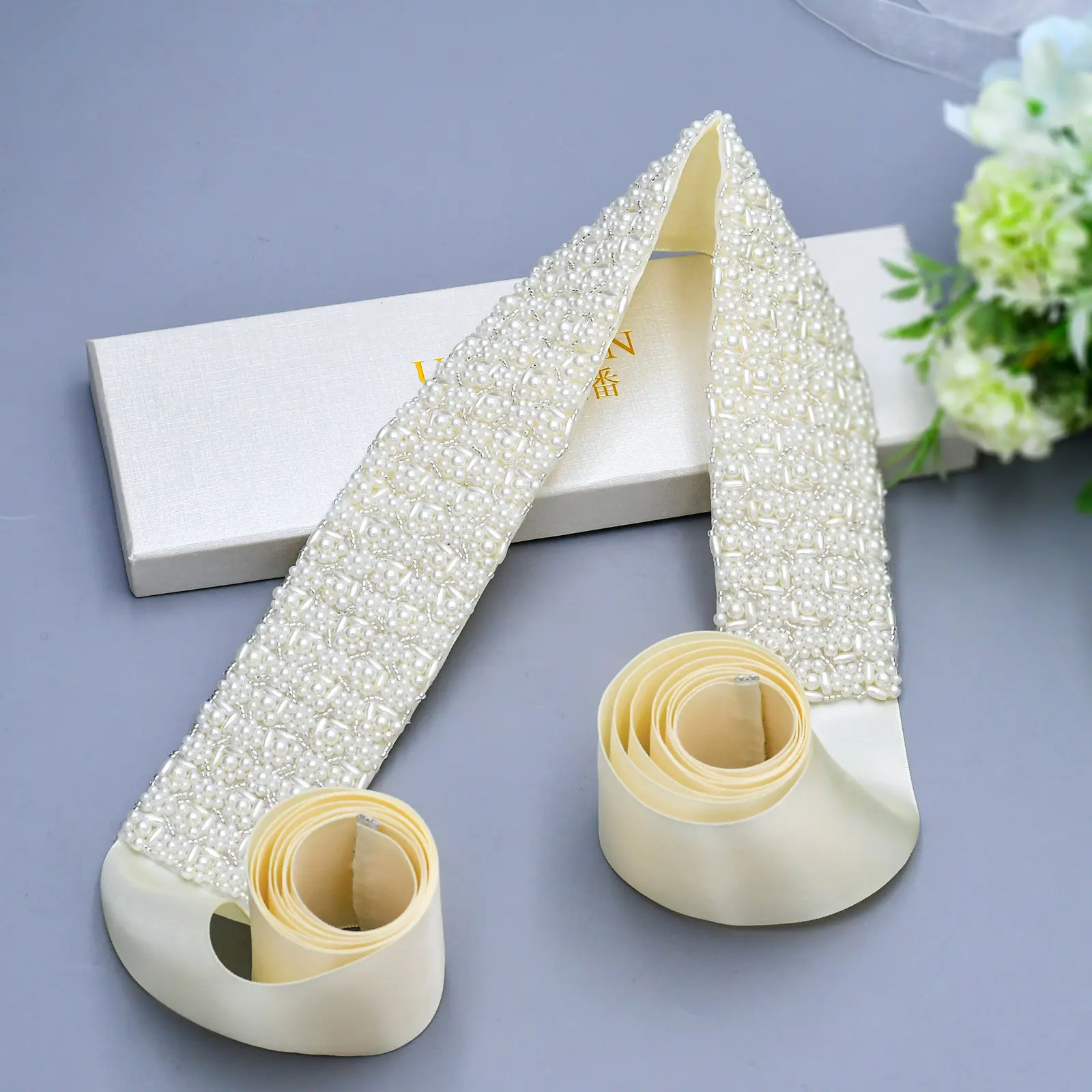 YouLaPan S20 Handmade Beaded Belts Ivory Dense Pearl Wide Belts Bridal Wedding Waist Accessories Women Evening Dress Ribbon Sash