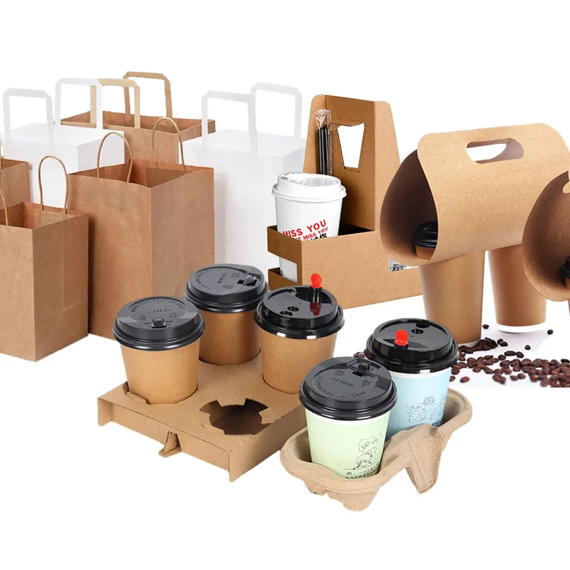 Hot sell disposable double wall paper coffee takeaway cup holder with paper bag for hot drinks