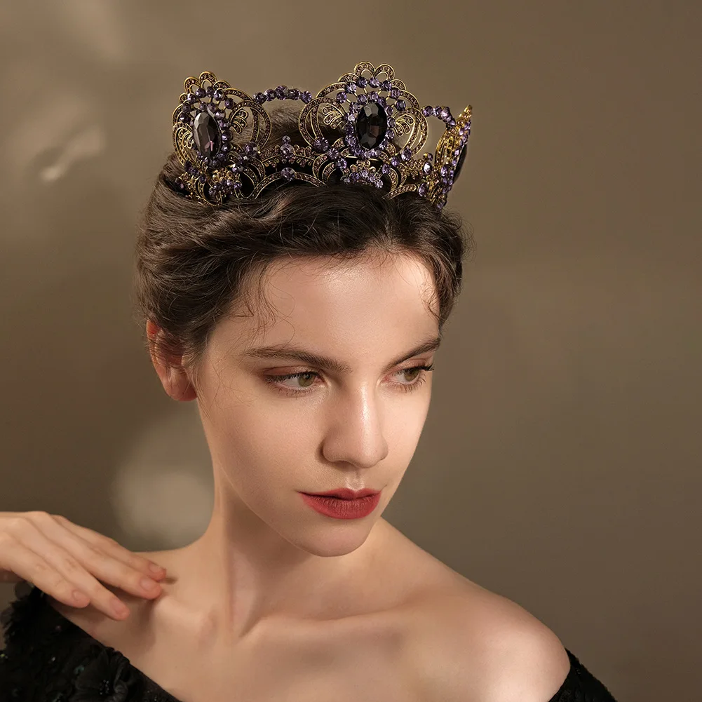 huanhuan high-end bridal accessories vintage purple gemstone rhinestone crown photo headpiece Baroque alloy