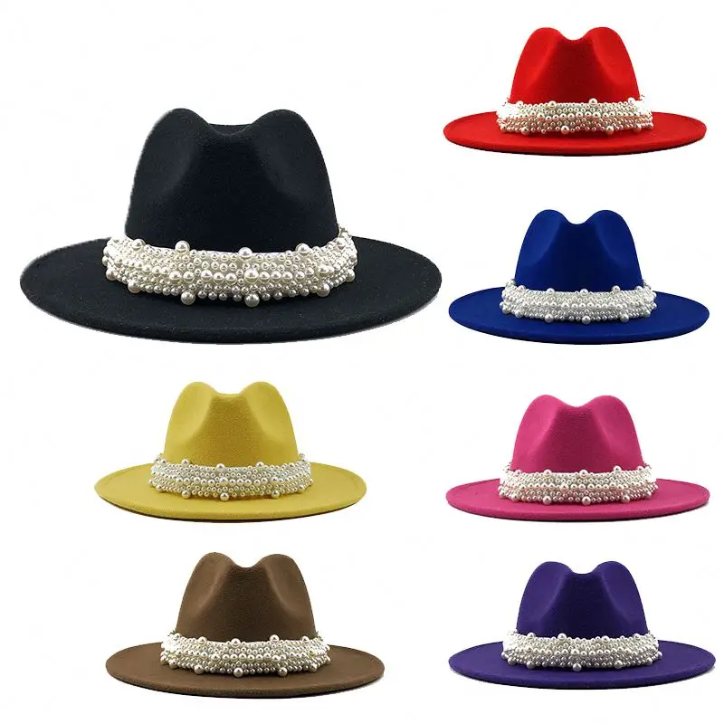 STS Vintage Trendy Chepeua Unisex Wide Brim Felt Jazz Party Formal Pink And Green Pearl Fedora Sets Hat Luxury Women Wholesale