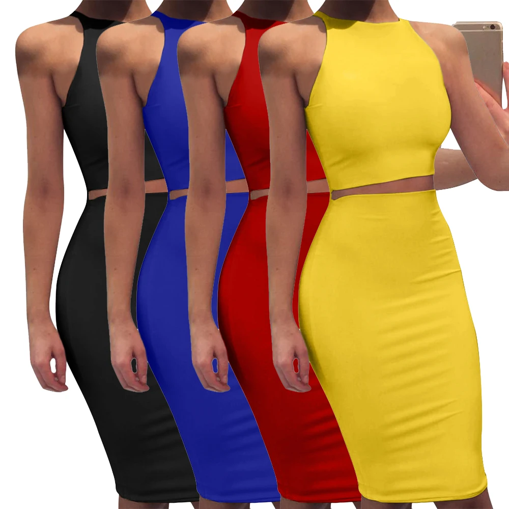Custom New Design Ladies fashionable slim casual dresses sleeveless crop top bodycon skirt 2 piece dress