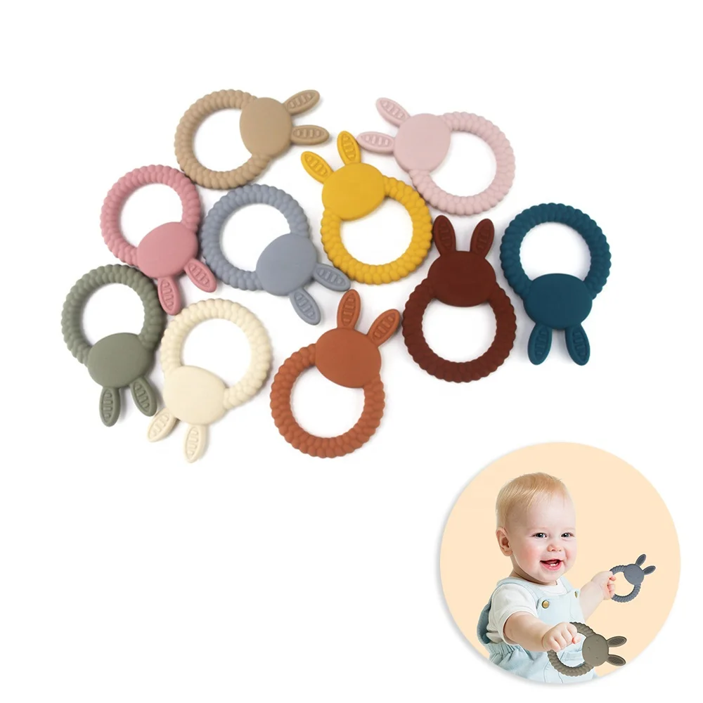New Design OEM&ODM 0-24 months Buy Food Grade Infants Baby Chew Toys Rainbow Bunny Ring Silicone Teether Baby Teething