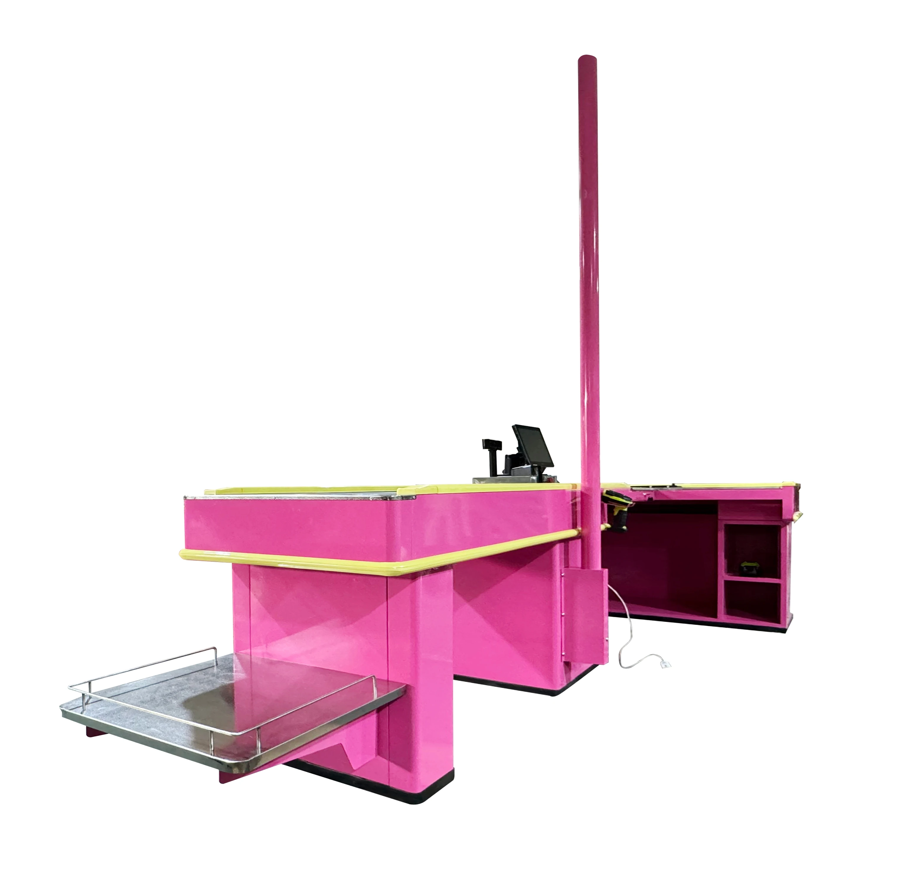 Hot Sell Supermarket Cashier Counter Pink Colour Retail Checkout Counter Store Cash Register Cashier Desk With Conveyor Belt