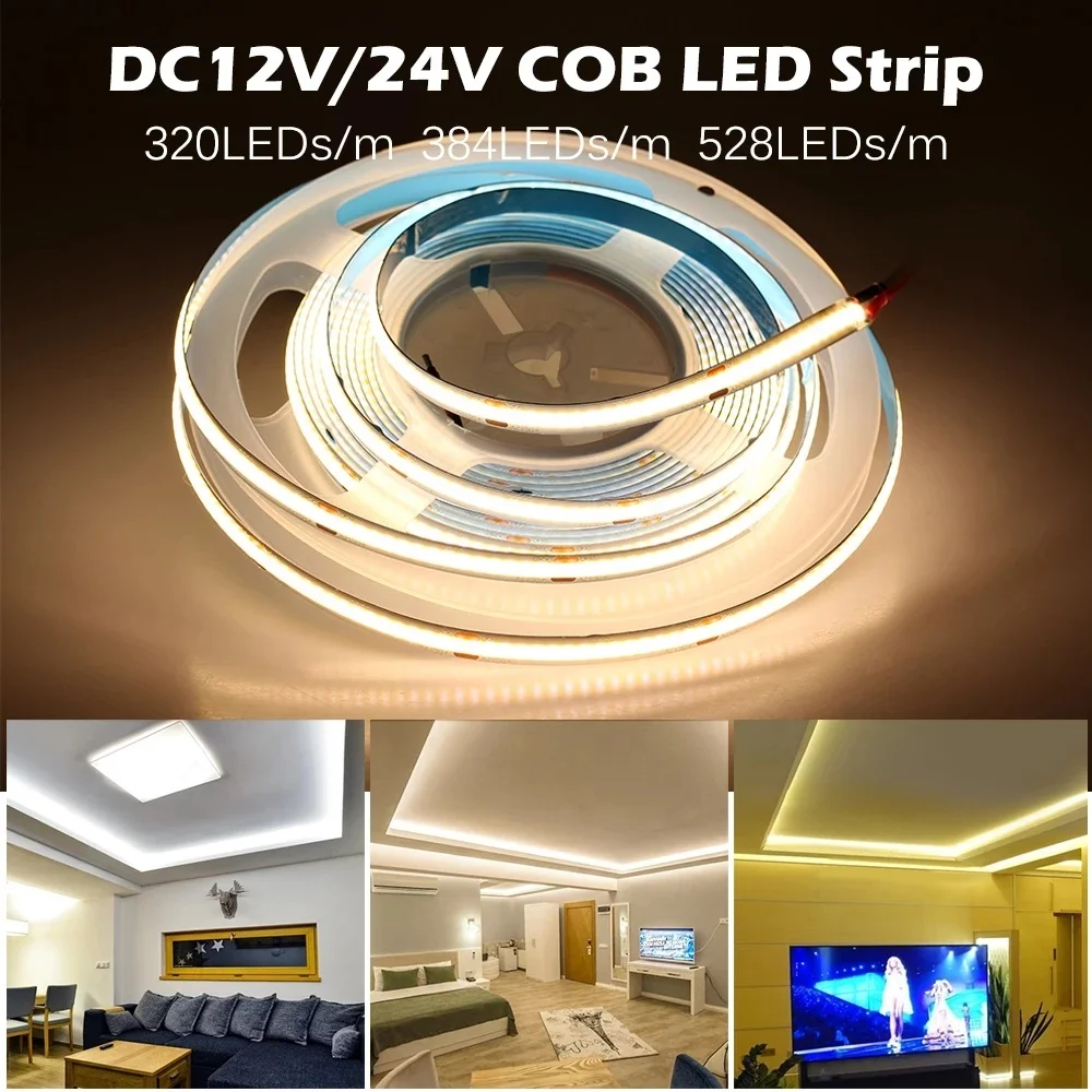 
IP65 Waterproof Flexible Dc 12v 24v 528leds 5m COB Led Strip light smart soft high brightness 
