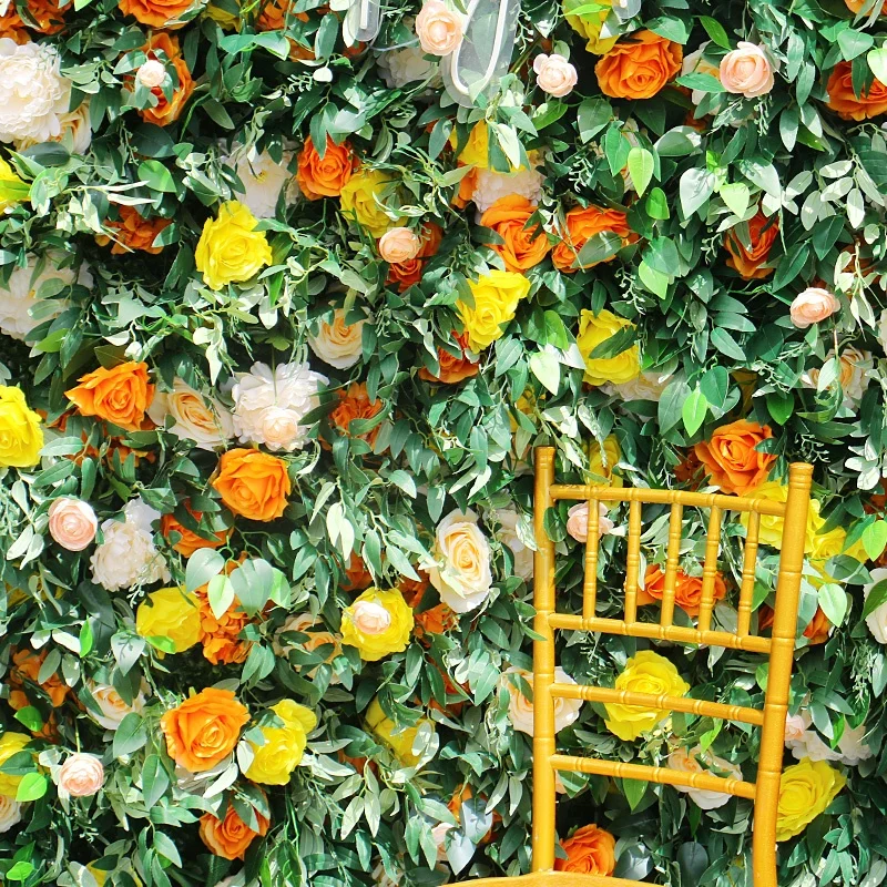 Yellow Orange Rose Green Leaves Artificial Flower Wall Arrangement Cloth Roll Up Hang Flower Wall Wedding Backdrop Decor Prop