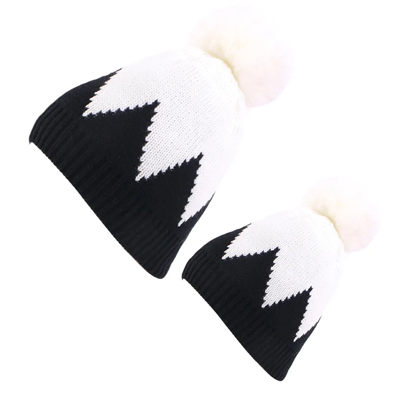 Mommy And Baby Winter Hats Two Pieces/Set Knitted Color Block Fashion Christmas Style Hats