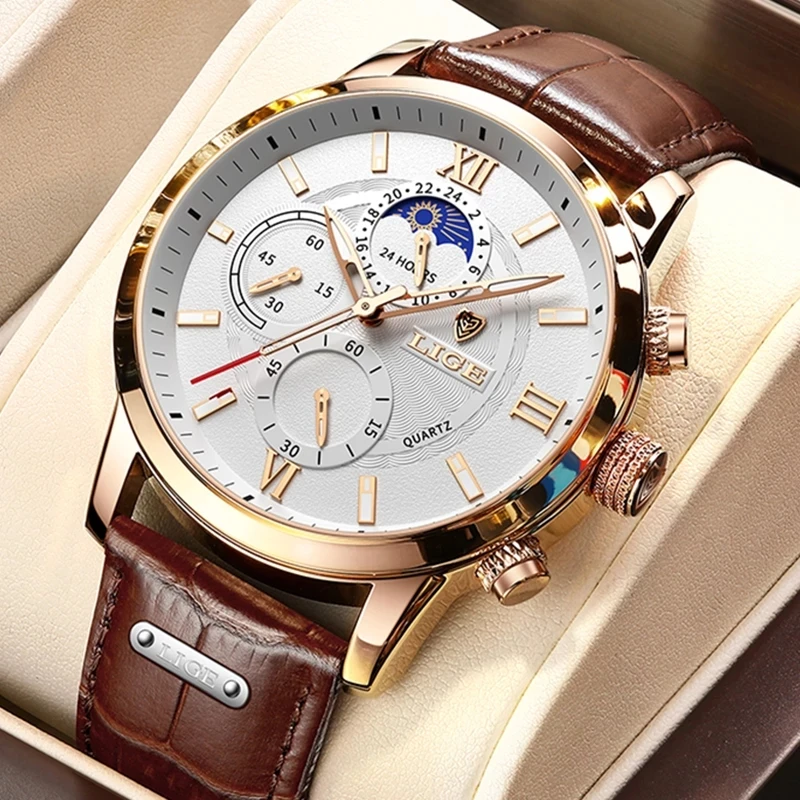 LIGE  Men Casual Quartz Watches Clock Leather Waterproof Chronograph Date Watch + Gift Box