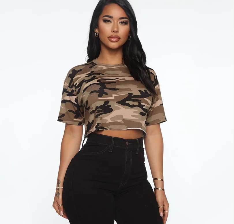 
2021 custom loose simple crop cotton camouflage women short t-shirts 