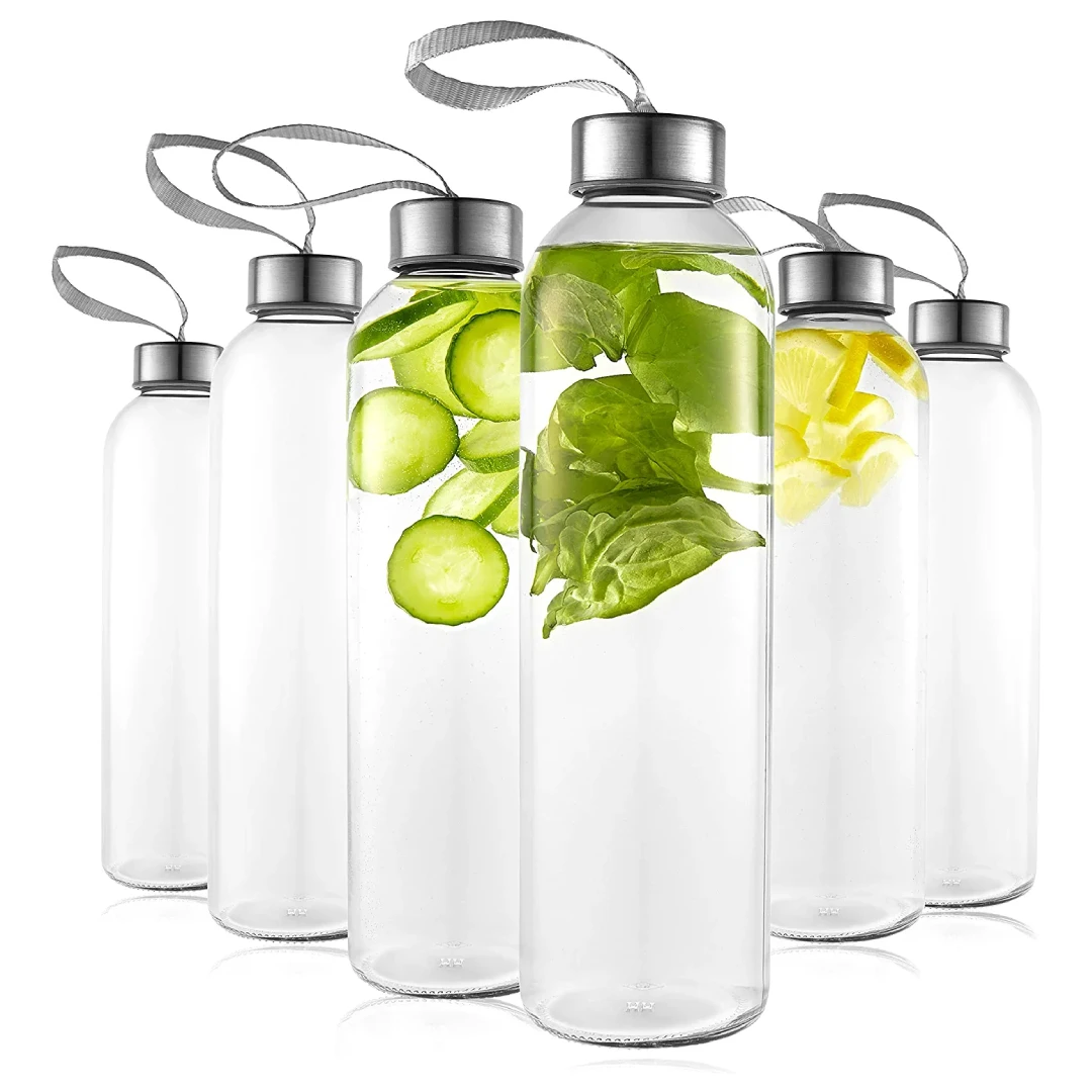 Reusable Custom Transparent High Borosilicate Glass Water Bottle With Stainless Steel Lid